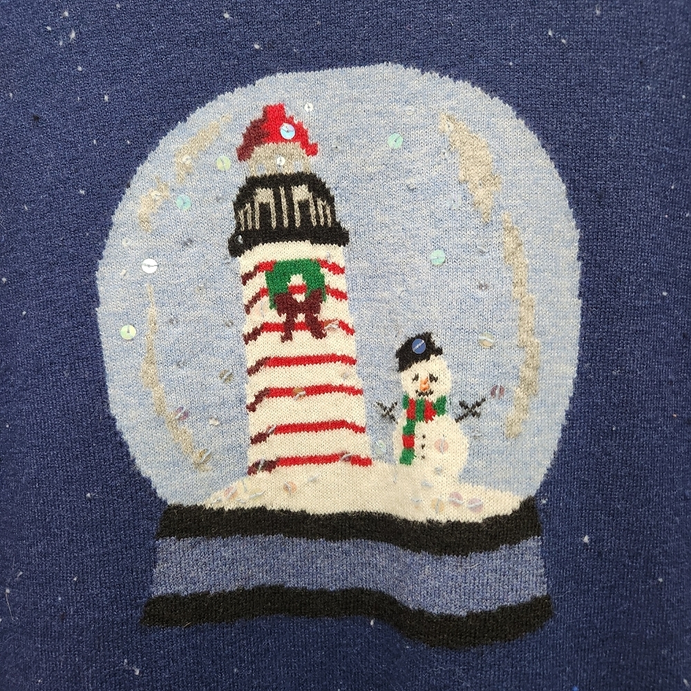 TALBOTS Navy Lighthouse Snowman Snow Globe Sweater Lambs wool Blend Size SP - Picture 3 of 6